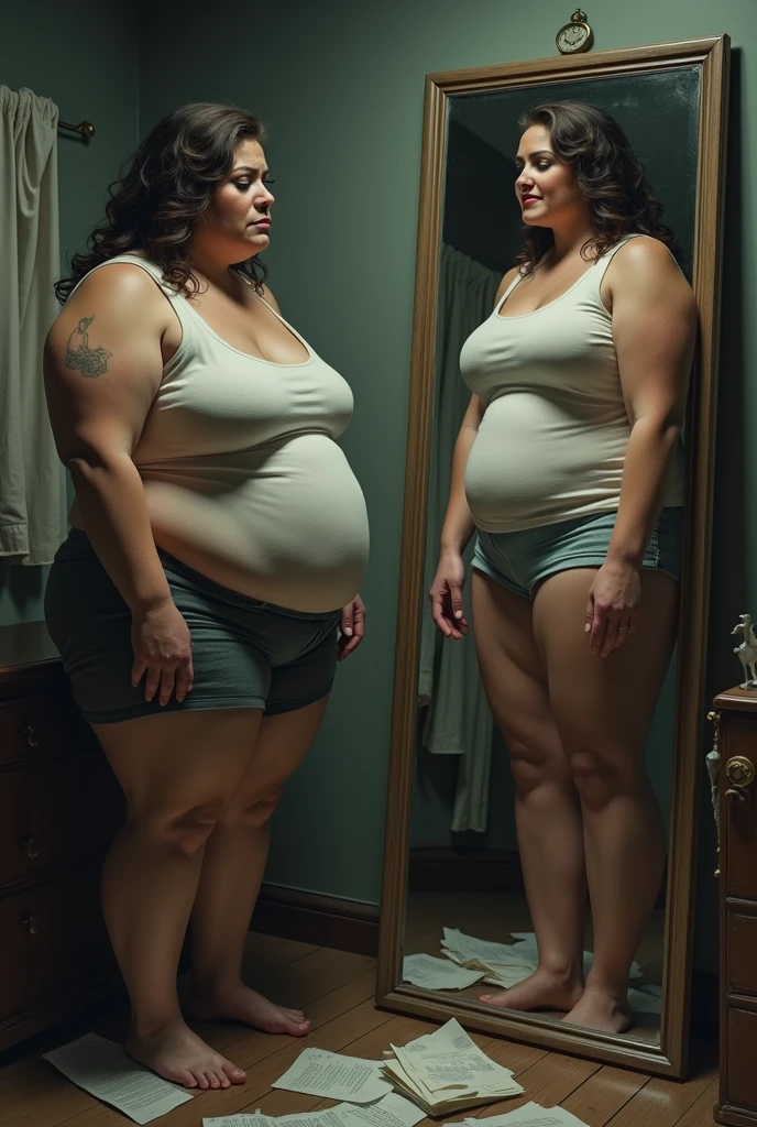 Two photos of a woman's diet before and after, a woman's diet before is a huge belly and a woman with a lot of excess fat is fat like Tess Holliday, SSBBW top model, a blonde haired woman with a beautiful face is wearing a swimsuit and has a very big belly, a severely obese female sumo wrestler, her belly is bulging, 4K quality, low angle