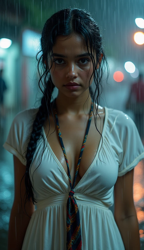 Best picture quality, masterpiece, ultra high resolution, (fidelity :1.4), photo, 1 girl, [(sadness)], white shirt, Dim, dark, desperate, pitying, pitiful, cinematic, tear, teardrop, (Torn clothes:1.5), (Wet clothes:1.4), bare shoulders, Real rain, wet hair, large breasts, cleavage, slim waist, long wavy hair,