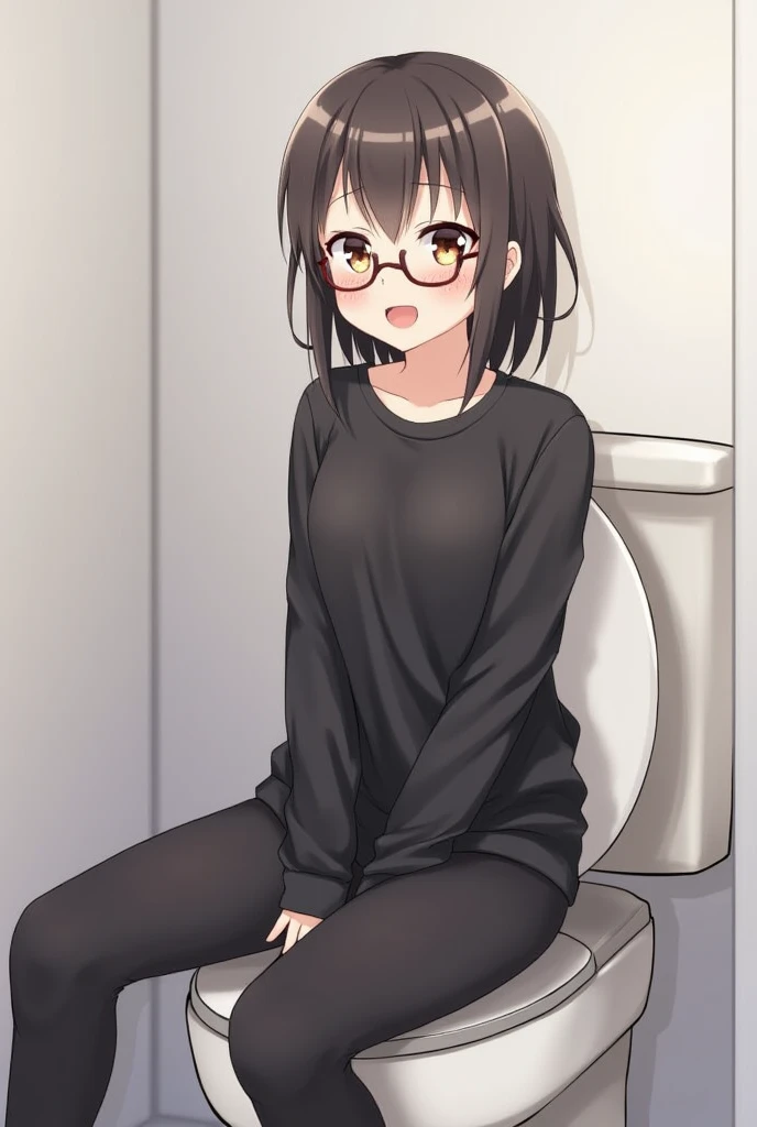 cute cat girl, cat ears, black hair, pink eyes, smug, pink hoodie, straight bangs, fart, farting, sitting in chair