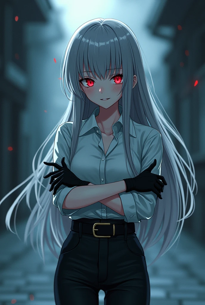 masterpiece, Highest quality,Strange beauty secretary, Full pose,ミニskirtと脚を組んだ, Silver Hair, Yandere, Scissors, Knee socks, 血 stain, Long Hair, skirt, pleated skirt, crazy smile, Grin, chest, smile, View your viewers, pantyhose, Long Hair, crazy eyes, crazy, He puts his hand to his chin with a malicious smile., ババンとsalivaを飛ばす, Devilish laughter, Deep and creepy eyes, dark ambient, Illuminate, Hollow Eyes, 邪悪なsmile, saliva, Covering the face with hands, Anime Style, Anime Style, Backlight, Blurred, Ultra Wide Angle, From below, 1080P, masterpiece
