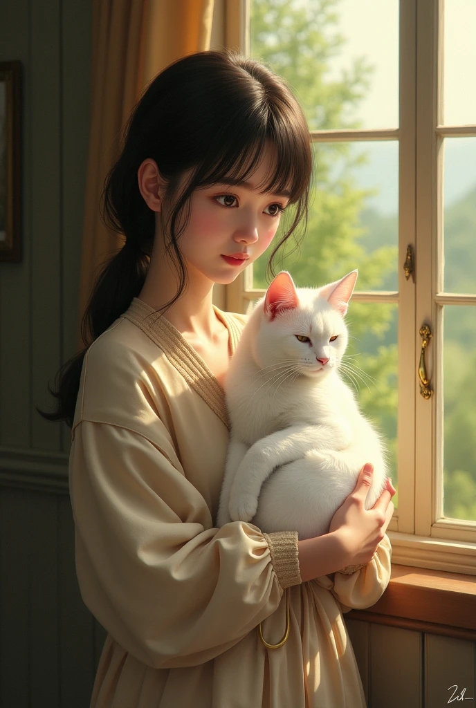 1人、cute little、Black-haired、On-eyebrow bangs、Short Bob Cut Hair、Shaved nape、(Sith Meditation:1.3)、Dressed in the white attire of a montting with your back straight and legs crossed、Close your eyes、Zazen、meditating、(The main hall of the temple:1.1)、Holding a kitten in your lap、Facing the front、Perfect Anatomy、depth of fields、Center the subject、Spiritual silence、Transcendental tranquility、(a photorealistic:1.4)、absurderes、ldpe、extra detailed face、Raw photography、film grains、Deviantart Trends、natta、a scene from a movie、natural lightting