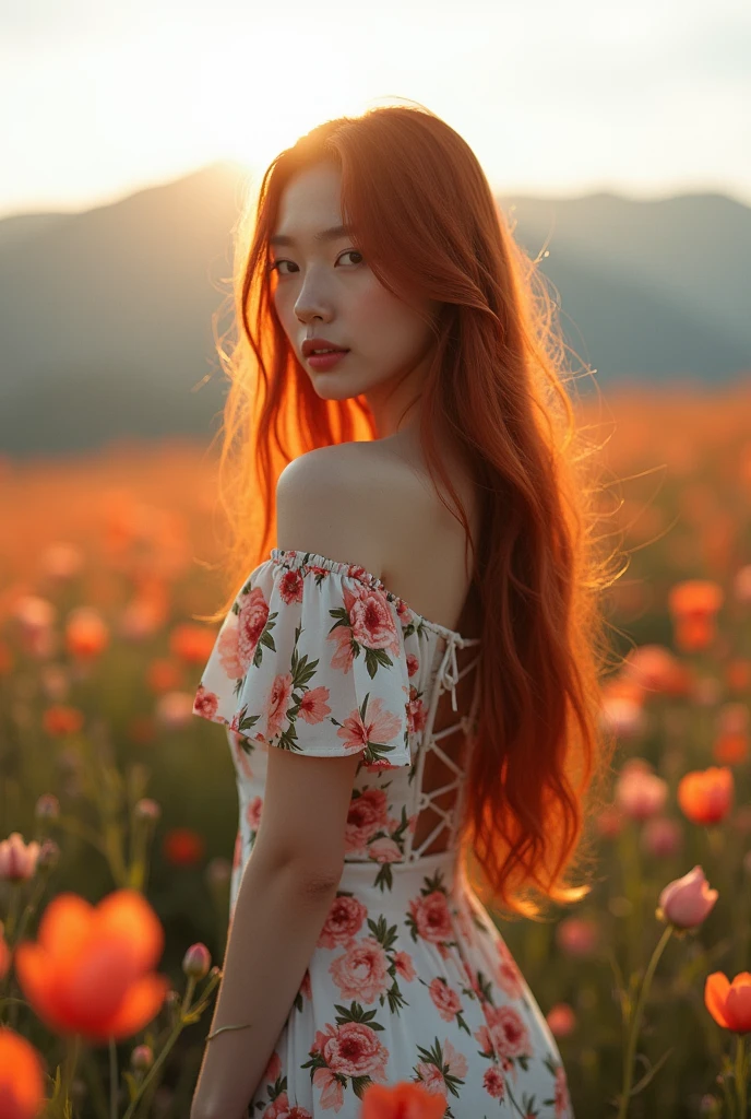 ultra realistic, photography, long red straight hair, 24 years old, hourglass figure, perfect fit body, natural medium breasts, (Best Quality,high resolution), a small black bow in her hair, vivid colors, wearing a short summer dress, the dress is flowing in the wind, Sharp focus, beautiful detailed eyes, beautiful detailed lips, White skin, Lovely makeup, soft and flowing hair, delicate features, elegant pose, gentle smile, background with flowers, garden landscape, soft sunlight, full body picture, she is barefoot, painted toes