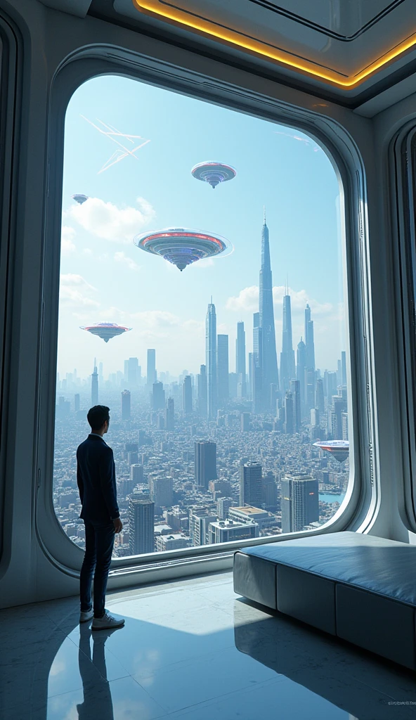 futuro navio cargueiro, design oval, cabine transparente showing piloto, flying at altitude over a city with gleaming buildings on a planet illuminated by the midday sun, (4k, 16k, master part, Foto RAW, best quality, Detalhes), (Beautiful, aesthetic, perfeito, delicado, intrincado)