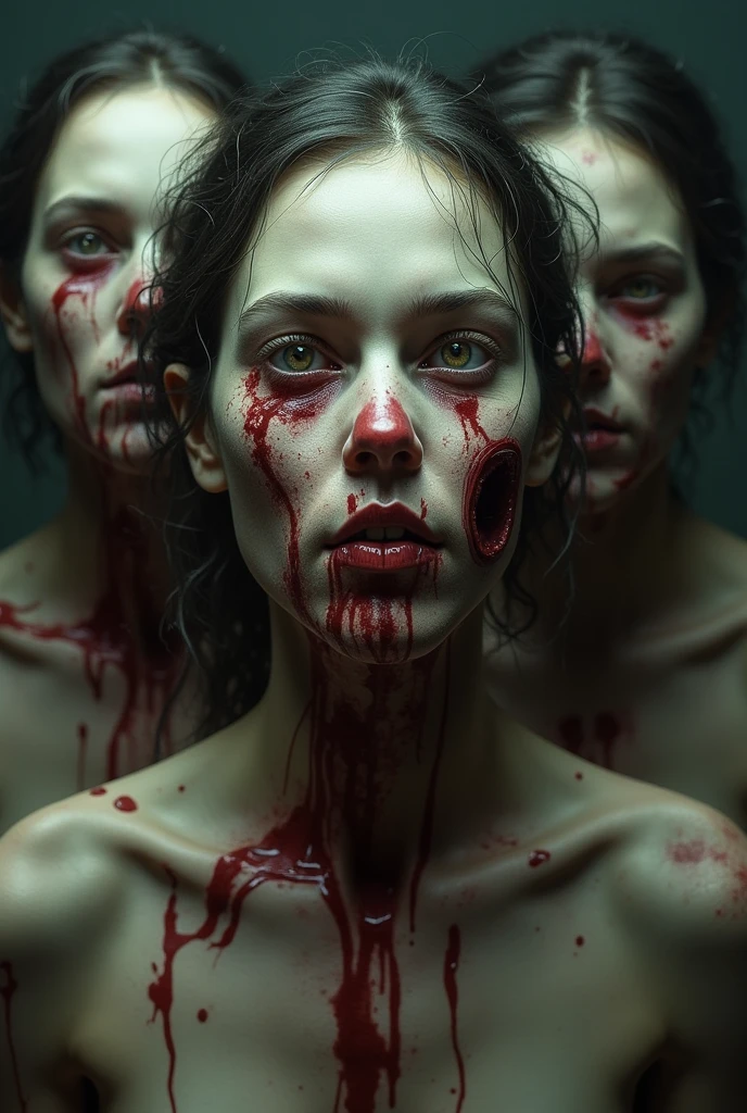 Vomiting perfusion of miniature replicas of yourself into an eternal Oblivion, residing deep in you mirror reflection, with no splash back, as your reflection reaches out at you, as they get covered in puke, and parasitic midgets