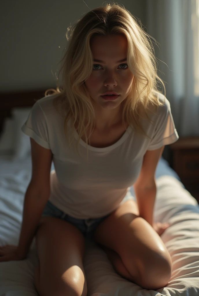 A skinny teen girl with a delicate, almost ethereal quality to her frame, her youthful body unblemished and glowing with the soft light of early dawn. She stands with a certain shyness, yet an undeniable allure, her small breasts barely discernible beneath her translucent skin. The fabric of her once-white panties, now slightly askew and pulled down to her knees, reveals the faintest outline of her narrow hips and the gentle slope of her stomach. Her long, spindly legs seem to go on forever, the panties forming a makeshift skirt that draws the eye to the stark contrast between the pale fabric and her slightly tanned skin. She looks directly at the viewer with a mix of innocence and curiosity, her lips parted in a silent question, her hands resting gently on her hips. The room around her is simple, with a single bed behind her, the rumpled sheets hinting at a recent departure. The light from the open window casts a warm glow on her nude form, highlighting the goosebumps that have risen from the cool air. The overall scene exudes a sense of vulnerability and nascent sexuality, the girl's nakedness both natural and unassuming. she has blonde hair and its put up in to a messy bun style. her pussy is untouched and she has ornate tattoos all over her body. one tattoo just above her pussy says "daddy's girl", golden hour