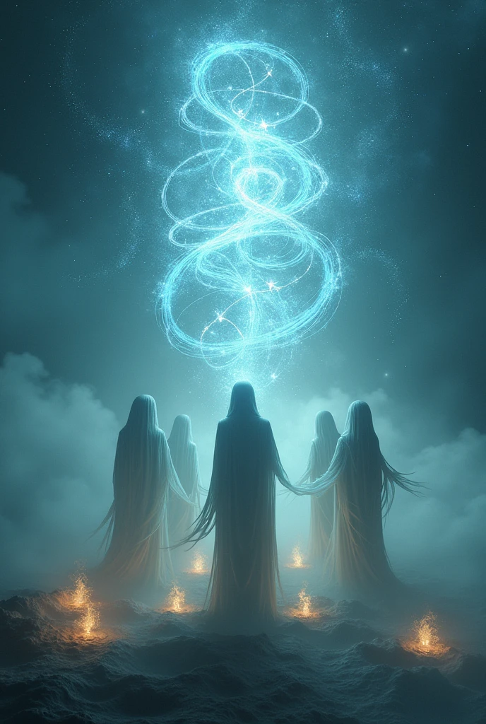 two men with amulets stand in a circle of symbols surrounded by ghosts