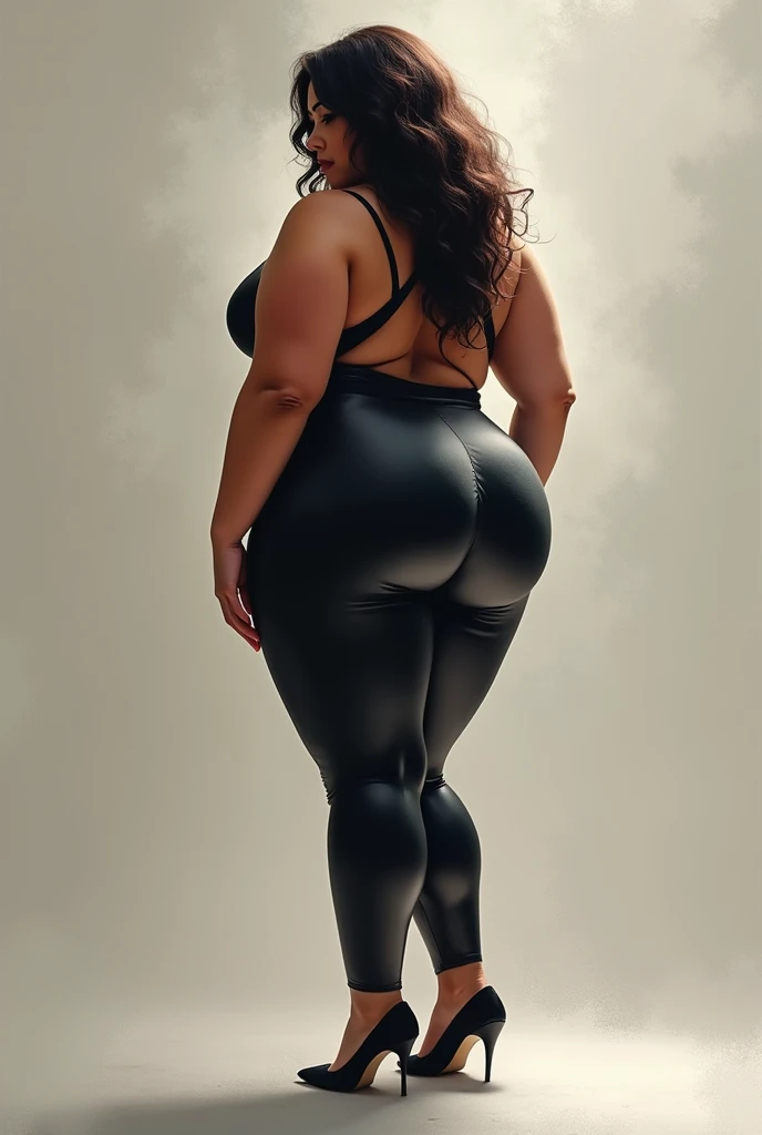 Female, thick body, black hair, brown eyes, red sweater, black leggings, brown shoes