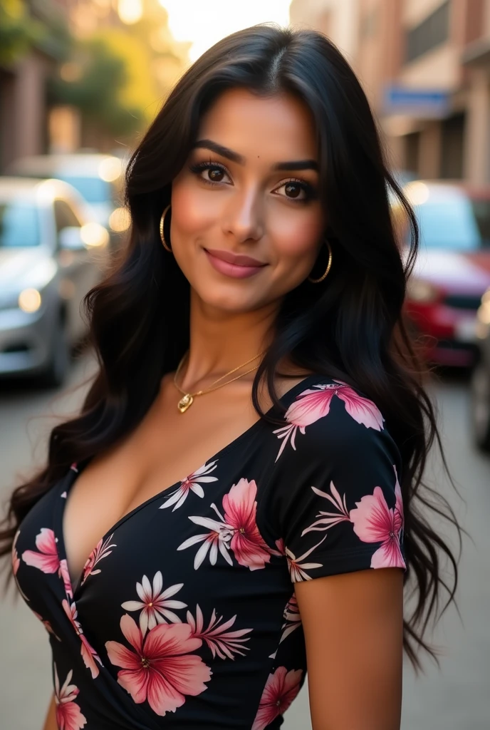 (realistic:1.3), rembrandt lighting, (masterpiece:1.2), (photorealistic:1.2), (best quality), (detailed skin:1.3), (intricate details), ray tracing, 1 girl, Venezuelan girl, 24 years old, detailed skin texture, (blush:0.5), subsurface scattering, smiling, curly long black hair, deep brown eyes, wearing a colorful blouse, standing in a vibrant street scene in Maracaibo, (tropical setting:1.2)
