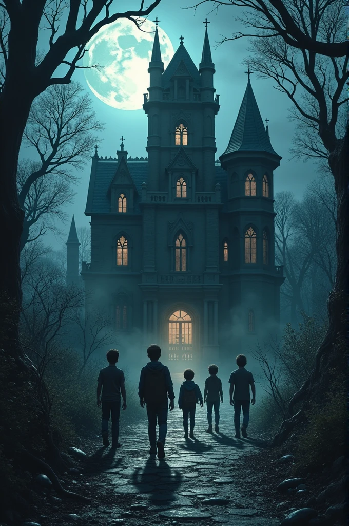 The children are walking down a deserted path leading to the haunted hospital.