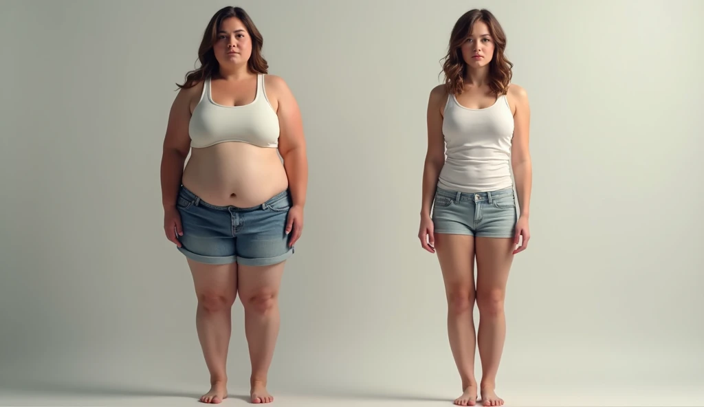 CREATE A BEFORE AND AFTER IMAGE OF A FAT WOMAN BECOMING THIN TO USE IN YOUR YOUTUBE THUMBNAIL. IT SHOULD BE CLEAR THAT THE TWO ARE THE SAME PERSON. SHOW THE SAD FAT GIRL AND THE HAPPY THIN GIRL. BOTH SHOULD WEAR THE SAME CLOTHES AND THE SAME COLORS, BEING SHORT. BOTH MUST SHOW THEIR BODY FROM THE FRONT, THE FAT GIRL SHOWING HER FAT AND THE THIN GIRL SHOWING HER BODY WITHOUT FAT
