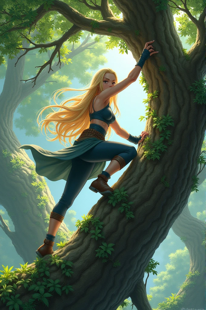 rapunzel, green eyes, long blonde hair,
blue leotard, white pants, sweatpants, bandaid on face, blue fingerless gloves, barefoot, looking at viewer, smiling, teeth, sitting, on rock, outside, forest, river, blue sky, high quality, masterpiece, <lora:maylene_outfit-06:.8> <lora:rapunzel:.7>