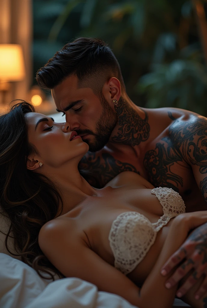 Fullbody picture of white skin Handsome muscular horny nude sexy man is sexing front hug with his girlfriend, sexy wet intercourse, shiny black Disconnected Pompadour oiled hair style, blue eyes, shiny varnished vinyl shoes, red lip, chain, tattoos, horny, cum shot, sperm, milking penis, very big penis, very big testicle, shiny oiled skin, orgasm, oversexed, at bed.