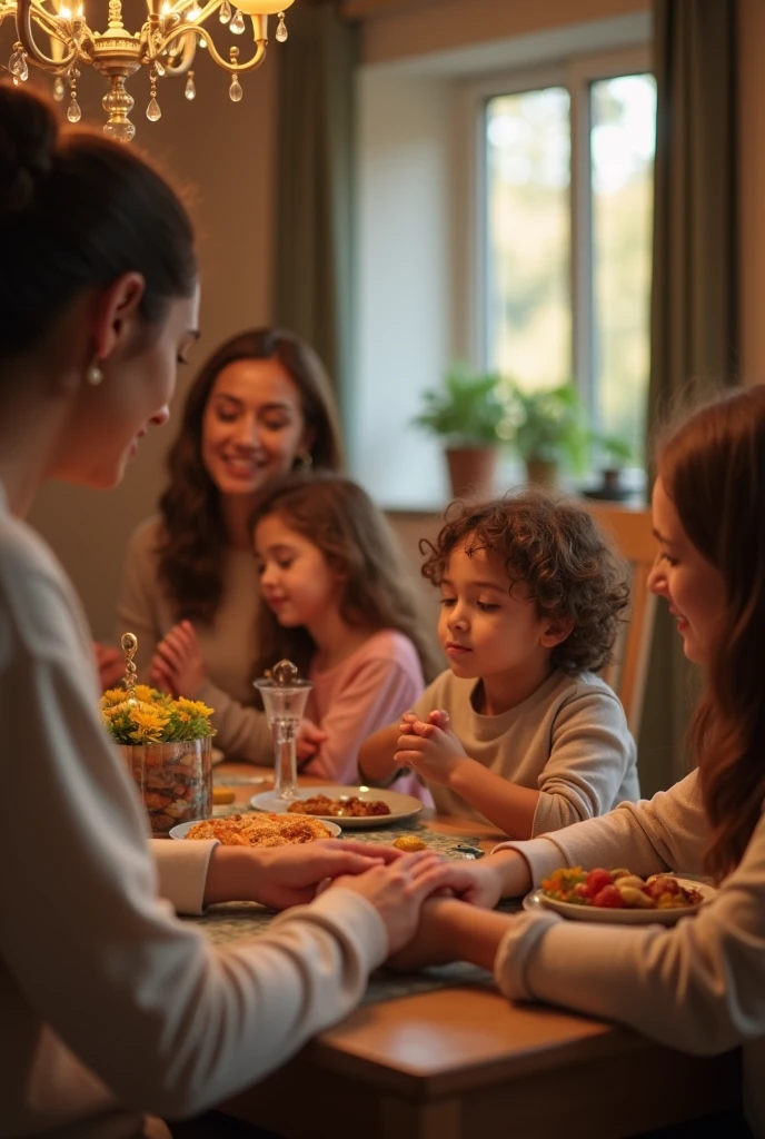 The dancer tells a story to her children at the table, eating more animatedly