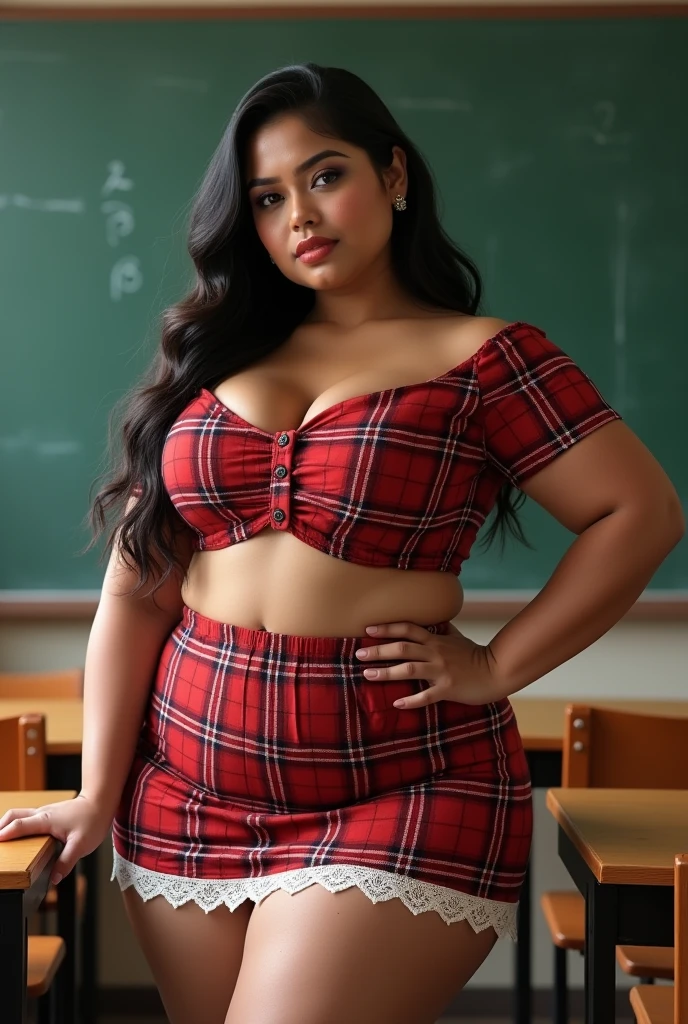 Masterpiece, RAW photo, best quality, photorealistic, extremely detailed CG unity 8k wallpaper, Depth of field, Cinematic Light, Lens Flare, Ray tracing, (extremely beautiful face, beautiful lips, beautiful eyes), long hair , intricate detail face, ((ultra detailed skin)), Indian teacher, lady teacher, busty, chubby, fatty figure, chubby belly and thighs, thick figure, thick arms, gigantic breast and deep cleavage, big tits and ass, wide hips, wearing a teacher dress ((red shirt and skirt and stockings)), inside a classroom, very seductive, sensual, erotic smile, big lips ((red lipstick)) ((smokey eyes)), attractive figure, provocative lady, curvy 