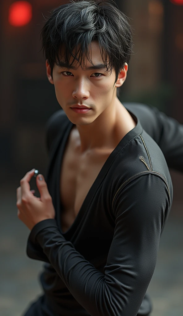 a young Japanese man of eighteen years of age with a razualvemte full physique, have fair skin, His eyes are blue and his hair is copper with a fringe covering part of his eye on the left side., one eye covered by bangs, the young man is six feet tall and two centimeters tall. captured in an ultra-realistic full HD 4K portrait, detailed texture showing its menacing shape, Immersive atmosphere, high definition shadow play, digitalpainting, nevoa no environment.