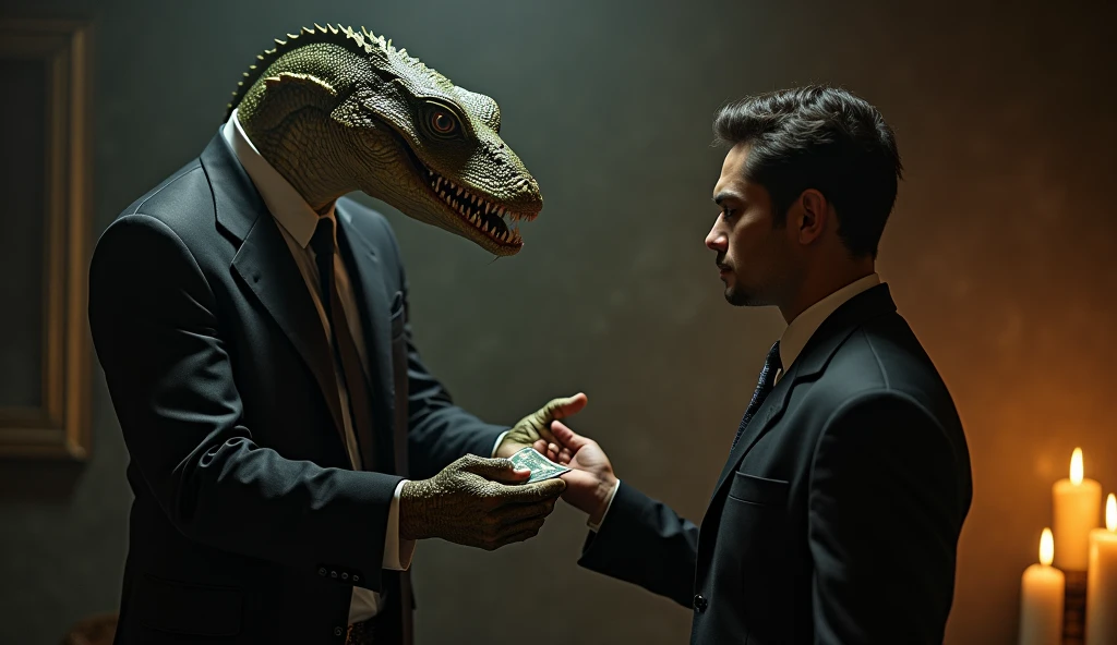 ((iorio)), a man sitting on a table with a reptilian alien, a reptilian alien playing cards, playing cards, spanish cards, conspiracy, serious, 8K UHD, <lora:iorio:1>