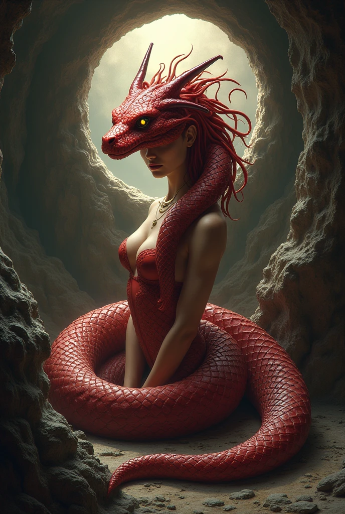 Carolyn Munroe, a beautiful young woman with a bombshell figure, nude, petting a massive red dragon coiled around her, mystic mysterious fog, detailed facial features, extremely detailed eyes and face, longeyelashes, chiaroscuro lighting, dramatic lighting, cinematic, dark fantasy, dramatic mood, muted color palette