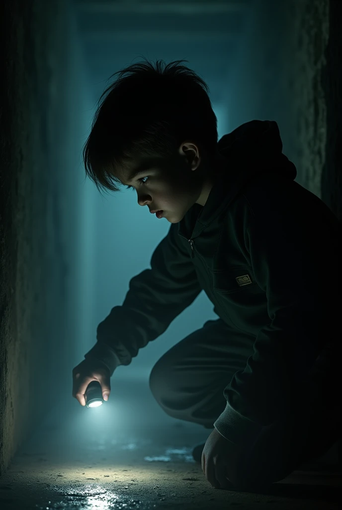A giant scorpion the size of five small,With an impressive fluorescent blue. Moonlit cave. A boy in a tunic hides behind a rock and looks at a scorpion.