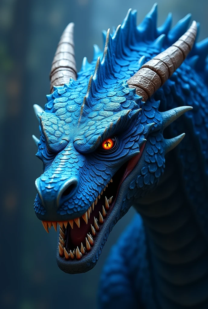 Generate a highly detailed and realistic close-up photo of a dragon's face as it breathes blue fire from its mouth. The dragon should have intricate scales with a mix of dark and iridescent colors, and its eyes should be fierce and glowing. The blue flames erupting from its mouth should be vividly bright, casting an otherworldly glow on the dragon's face and highlighting the texture of its scales and features. Smoke and sparks should be visible around the fire, adding to the intensity of the scene. The background is dark and slightly blurred to keep the focus on the dragon's face and the blue flames. This photo should capture the raw power and majesty of the dragon, with a hyper-realistic level of detail that makes the scene both awe-inspiring and intimidating.