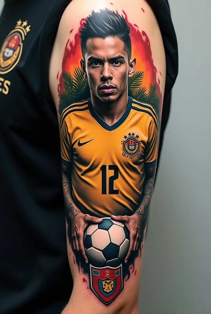 Neymar ( With a tattoo ) Wearing the jersey of Bahia Sports Club (Team from Bahia, Brazil) A high resolution，open clothes，musculature，chest muscle，Large pectoral muscles