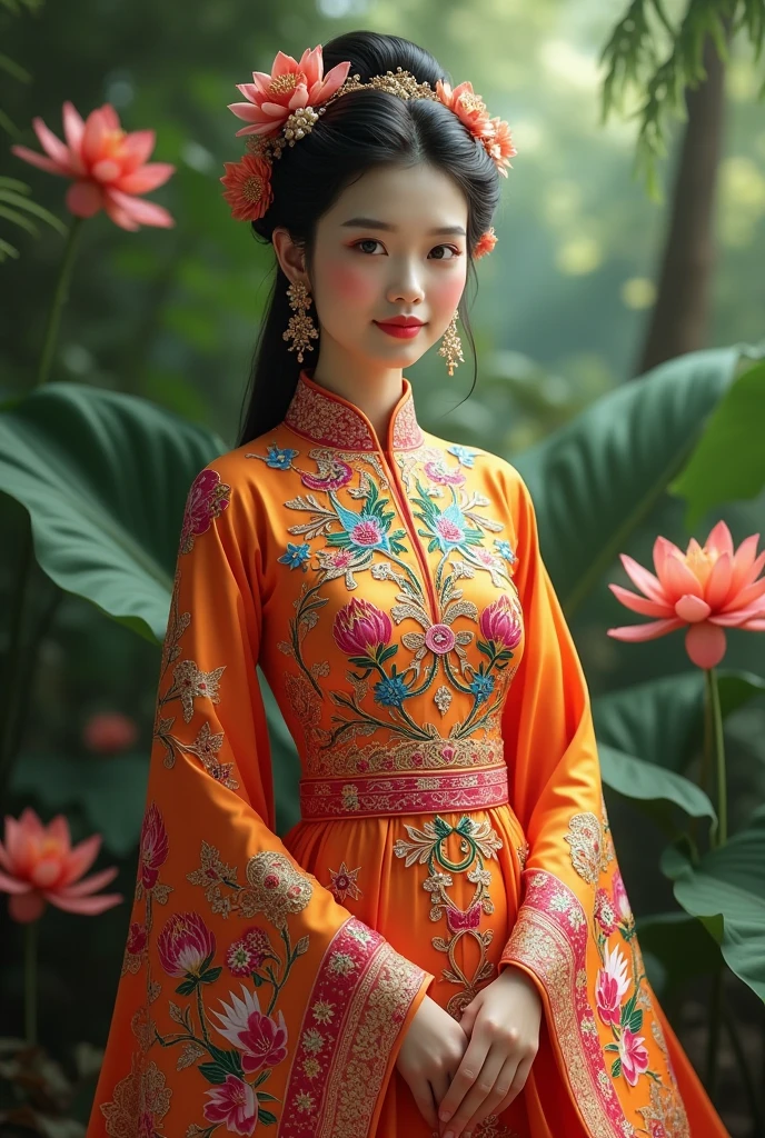 A woman in traditional dress holds a flower ball，Show off your flower ball skills。
