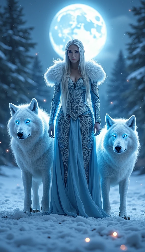 A powerful female warrior in radiant, ice-blue metallic armor with ...