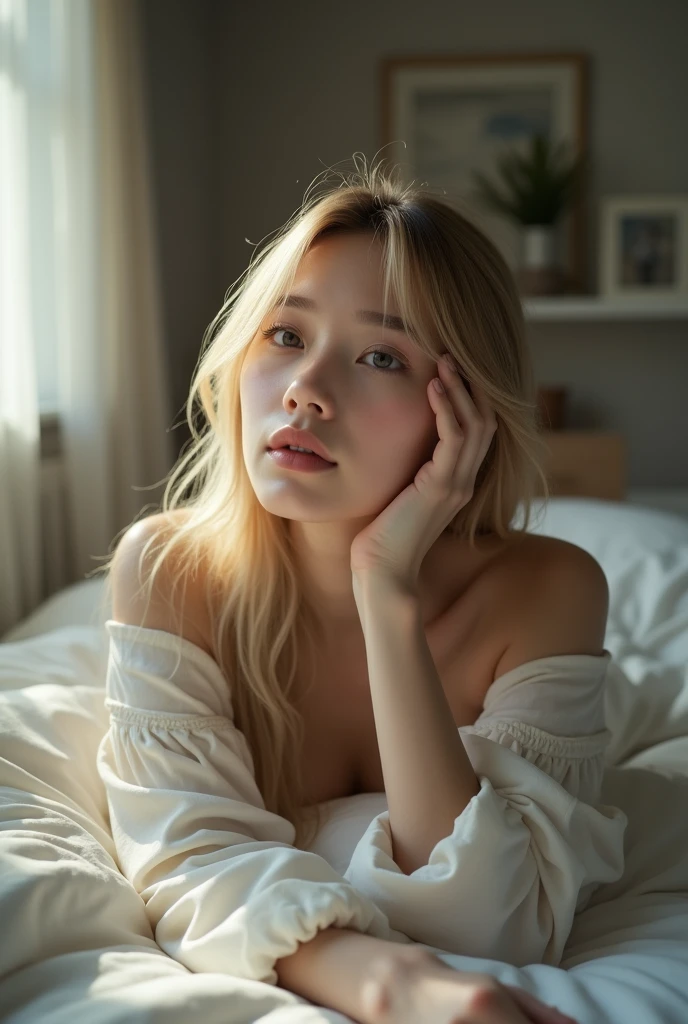 Blonde hair lying on her bed