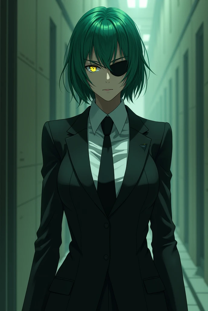 mature female, mature, Adult, himeno, himeno(Chainsaw Man), 1girl, black hair, short hair, eyepatch, Himeno(Chainsaw Man), solo, seductive smile, evil grin, aroused, in heat, nsfw, steam, breath, sweat, drooling, Villains, Open coat, latex purple leotard under the trench coat, Green pantyhose, chest, View your audience, Night town, City, skyscraper, Night, Dark, dramatic angle, unique perspective, unique angle, masterpiece, Top animation quality,Top image quality,