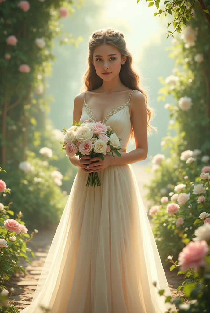(photograph of a detailed beautiful 18-year old woman with ((facial and body characteristics that is similar to eleonora pavinato))), (), ((Enchanted Garden Romance: Theme: Lost in a fairytale garden of love. Clothing: Ethereal and flowy dresses, floral accents. Scene: Lush garden settings, blooming flower arches, or hidden gazebos. Props: Bouquets of flowers, romantic novels, or love letters. Location: Botanical gardens, rose gardens, or private estates. Weather/Lighting: Soft, natural lighting with a hint of golden hour glow.)), (), (), finely detailed, ultra-realistic features of her pale skin and (slender and athletic body), and (symmetrical, realistic and beautiful face), candid, (), (), (()), (), film stock photograph, rich colors, hyper realistic, lifelike texture, dramatic lighting, strong contrast
