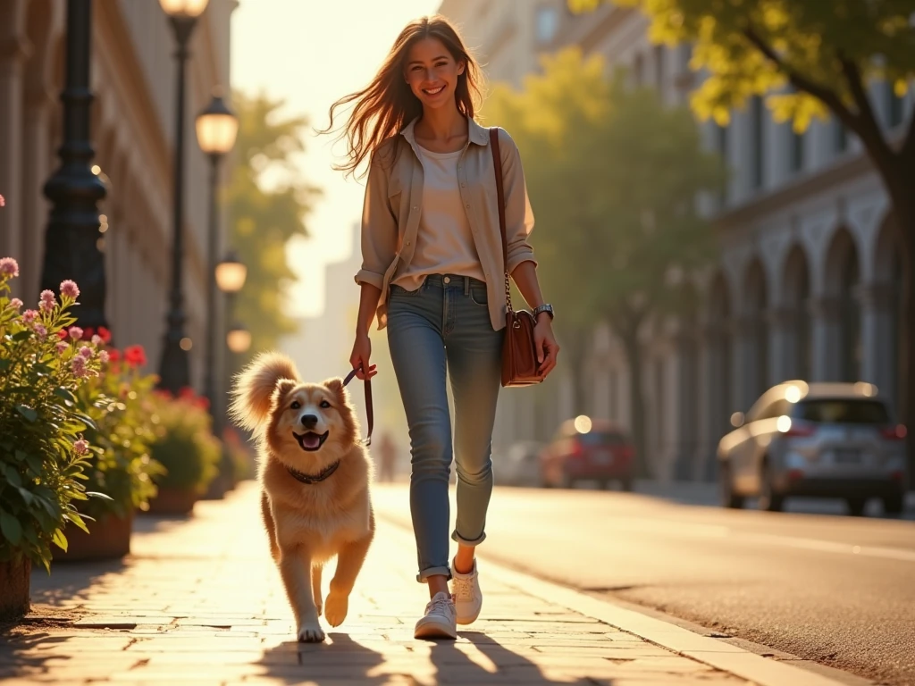 (photorealism:1.2), a nice looking girl walking with her dog in the sunlight of the city, happy
