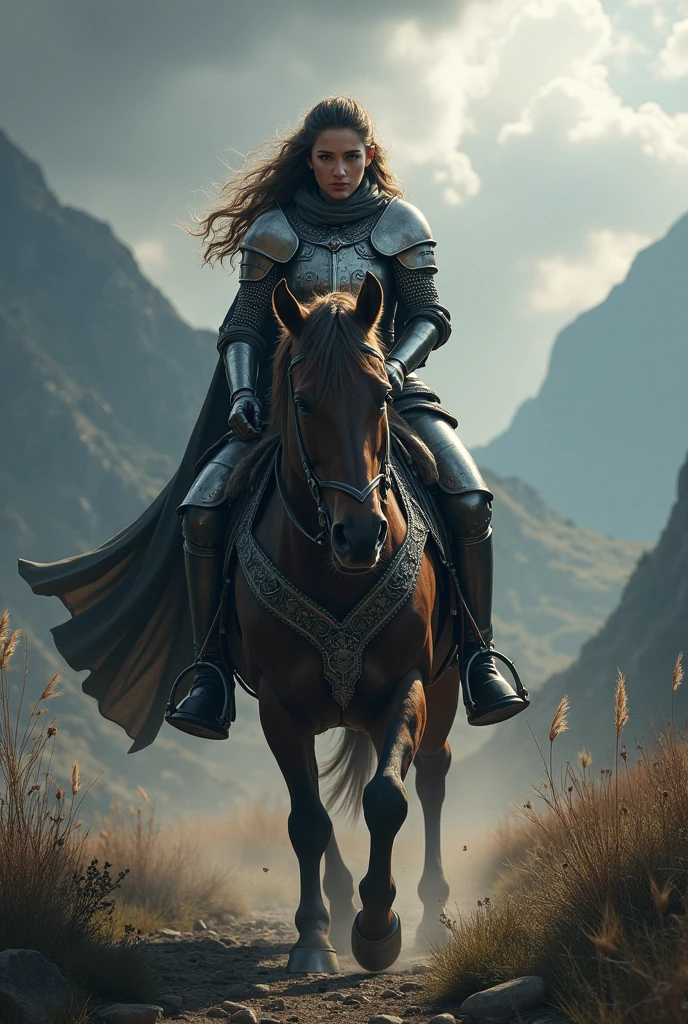 woman in armor on a horse traveling