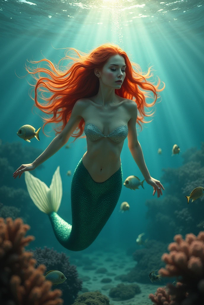 Create a realistic image of a mermaid swimming gracefully in a crystal-clear ocean.( cabello rojo rizado :1.4), ello The mermaid has long, flowing red hair that cascades down her back, gently moving with the water's current. Her eyes are a striking, deep blue, mirroring the color of the ocean around her. Her tail is adorned with iridescent scales in shades of silver and pale blue, shimmering as they catch the light filtering through the water. The mermaid's expression is calm and serene, with a soft smile on her lips. She is surrounded by vibrant marine life, including small, colorful fish and delicate coral reefs, adding depth and richness to the underwater scene. The lighting is soft, creating a dreamy, ethereal atmosphere that highlights the mermaid's otherworldly beauty.high quality, (RAW photo, best quality), (realistic, photorealistic: 1.4), (extremely delicate and beautiful: 1.4), amazing, fine details, masterpiece, ultra detailed, high resolution, best illustration, best shadow, intricate, ( extremely intricate: 1.2), (exquisitely detailed skin), cinematic light, perfect anatomy, (cool color: 1.4), sharp focus, 8k UHD, DSLR, (Fujifilm XT3),Epic Fantasy Art Style HD, 4K fantasy art, epic fantasy digital art style, epic fantasy art style, Fantasy Woman, epic fantasy art portrait, Epic fantasy style, hyperrealistic fantasy art, hd fantasy art, Epic fantasy character art, epic fantasy art, in style of dark fantasy art, epic fantasy digital art(estilo cinematográfico :1.4), (efectos cinematográfico :1.4), (colores cinematográfico)