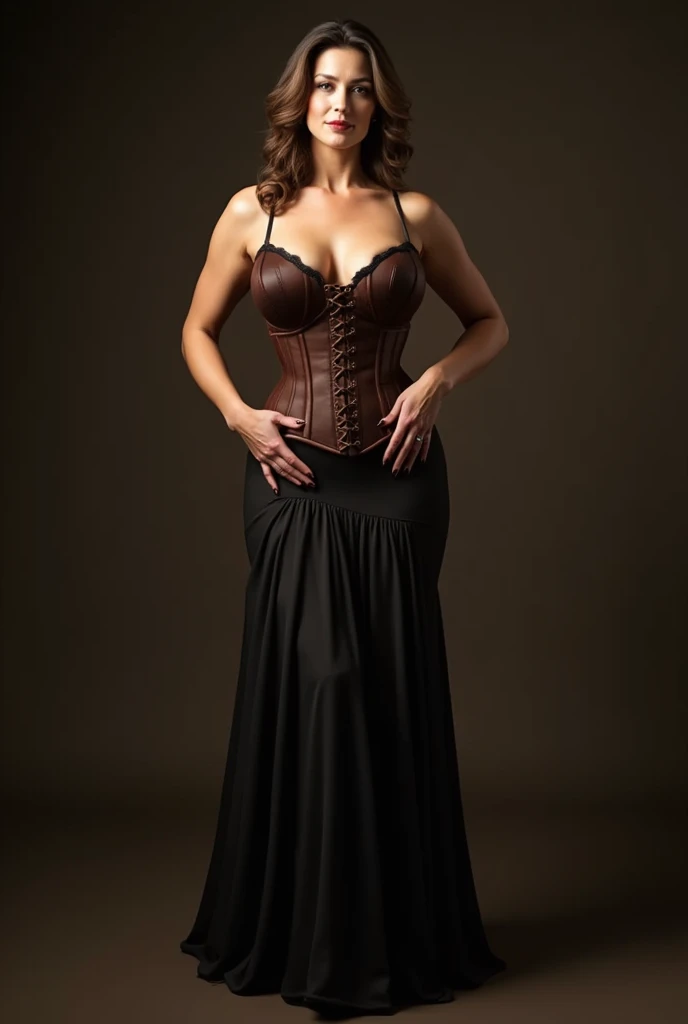 30 year old woman with burgundy hair in a .vintage hairstyle, red lips, blue eyes, wearing a slitted lace mini pencil skirt and corset, against a neutral backdrop