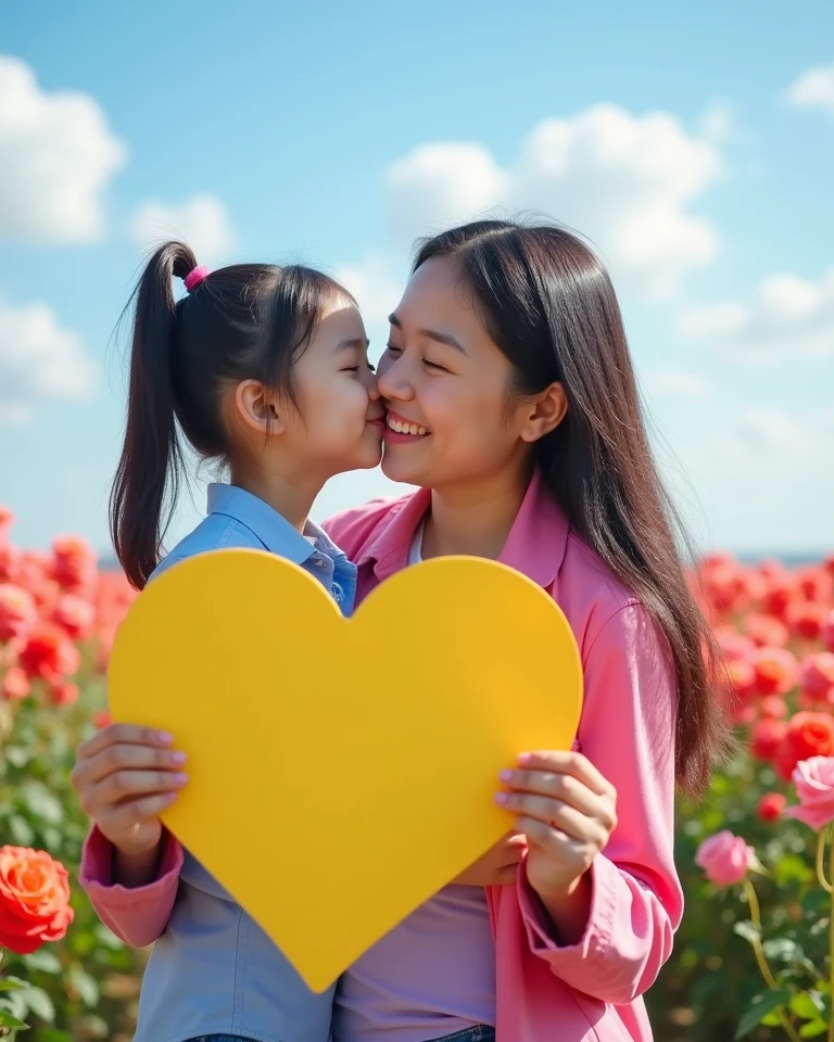 Mother squatting and kissing little girl standing，A sea of pink flowers