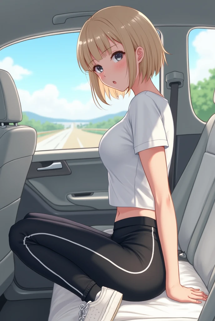 masterpiece, best quality, highly detailed background, perfect lighting, best quality, (extremely detailed face), volumetric lighting, intricate details, shadow, tonemapping, sharp focus, hyper detailed, trending on Artstation, (solo) ((Looking at the viewer)) .Girl with short blond hair.  Brown eyes. curvy. Blush, Clear skin.  Big bust. ((legs open)) ((showing vagina)) ((Inside a car ((Naked))