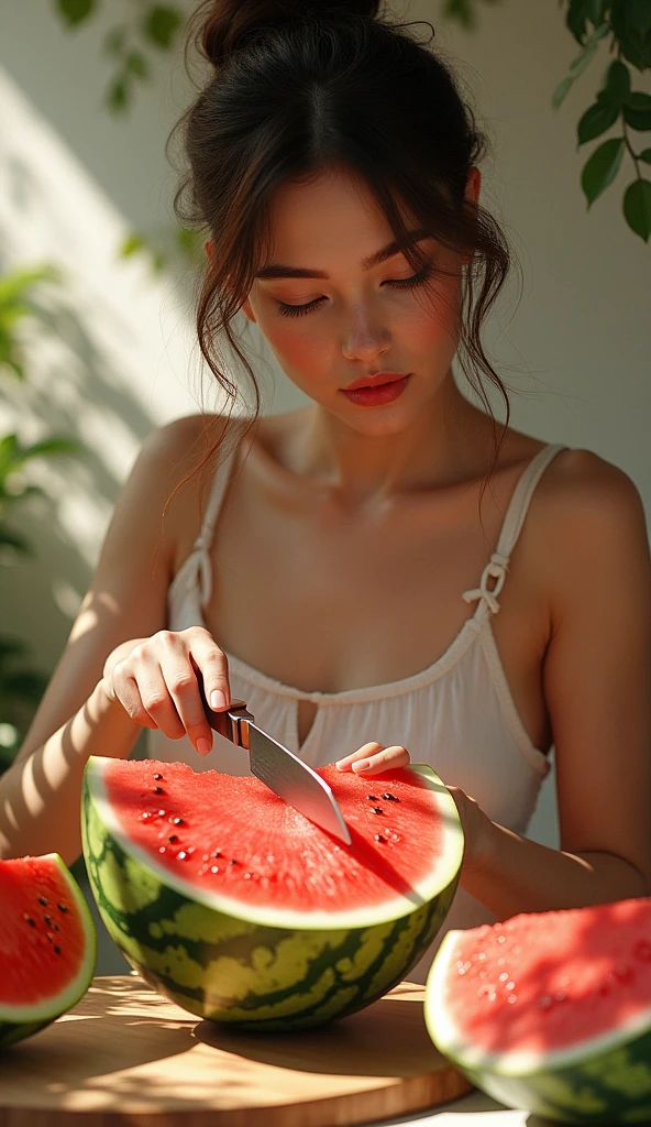 a young woman laying down in front of a table with fruit and cocktail, in the style of light red and light emerald, humorous imagery, wimmelbilder, close up