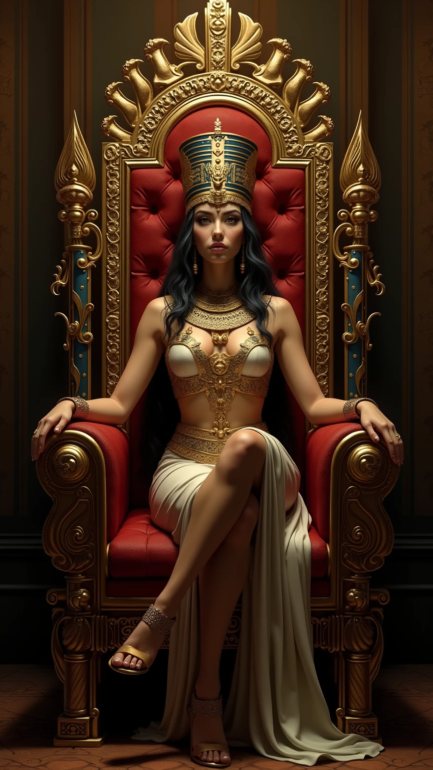 Imagine Cleopatra sitting on a throne decorated with gold and precious stones, surrounded by red velvet curtains, with a golden crown and shining jewels. She could be in a majestic posture, holding a scepter, place a flamingo and a hummingbird nearby, perhaps represented in a mural or as details on their clothing. Add elements like golden chandeliers and crystal glasses in the background to reinforce the feeling of opulence.