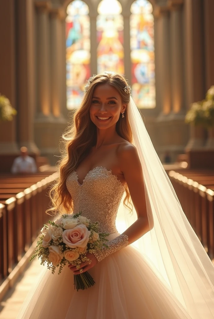 (((She has a happy smile on her face))) ((translucent luminous body_Wearing a white lace wedding dress), (woman made of light: 1.2, glowing hair_Long curly blonde hair),, (Upper body frontal close-up angle: 1.3), 8k, high dynamic range))((Works by professional wedding photographers)) symmetrical face, Symmetrical eyes, Ultra 8K detailed photos, 8K resolution concept (( masterpiece. real photos. Super high quality)) AMY put on her carefully selected.The most beautiful designs by famous designers.The most gorgeous.The most noble wedding dress.Standing on the red carpet in a church with stained glass.She has a happy smile on her face. She held a large bouquet of bright roses in her hands.And AMY is more beautiful than flowers.