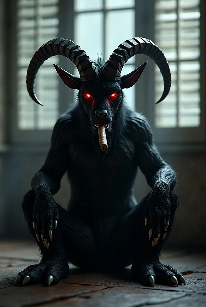 Wolf fur(Red color y negro), red devil's tail, teenager(athletic), medieval clothing(black color), musculino(teenager), ram horns(Red color),Alone (Posing), Violet Wolf Eyes, delgado(skinny), man, Sitting on a throne, ruined castle background.