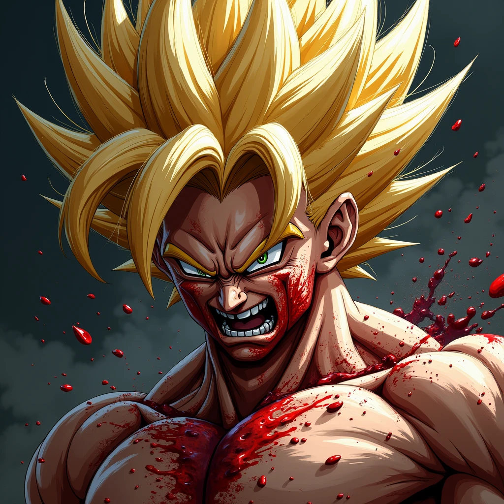 dragon ball goku, Full body portrait, Penis grown, naked, The whole body from head to toe, A little realistic, Facial features are carefully depicted, The origin of the dark style field, rendering, Highest quality, 8k Sharp eye focus, Correct Anatomy, Blondeの, With red eyes, Battle Damage, Blonde, Focus on men, Muscular, Muscular male, Proudly, heart, alone, Spiky Hair, Super Saiyan, Super Saiyan 1, teeth, bracelet, Blonde, Blonde