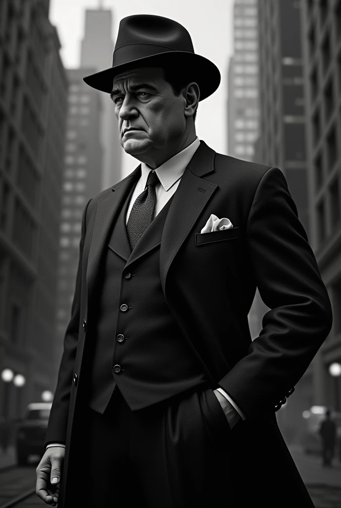 (best quality, highres), gangster Al Capone, Thompson submachine gun, Chicago streets, vintage car, cigar smoke, sharp suit, fedora hat, intense gaze, dramatic lighting, monochrome, film noir style, dark alley, crime boss, mysterious atmosphere, suspenseful scene, menacing look