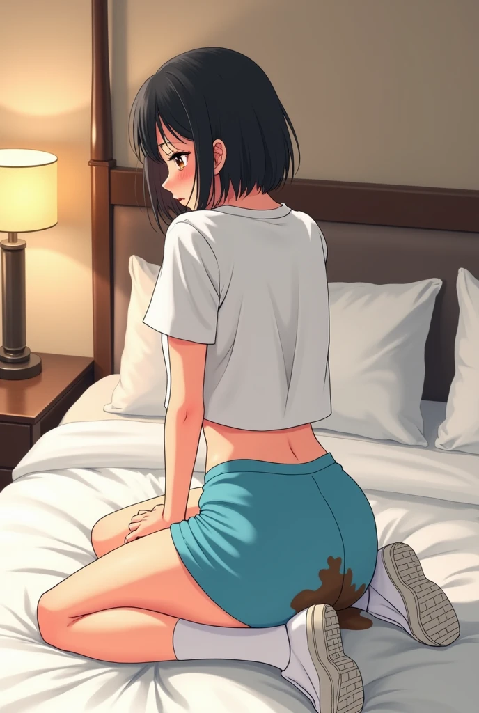 (masterpiece, highest quality:1.2), One girl, Bobcut, Blue dark hair,Sitting on the bed,White sleeveless tank top，Pink T-pants,Sole Focus,nsfw
