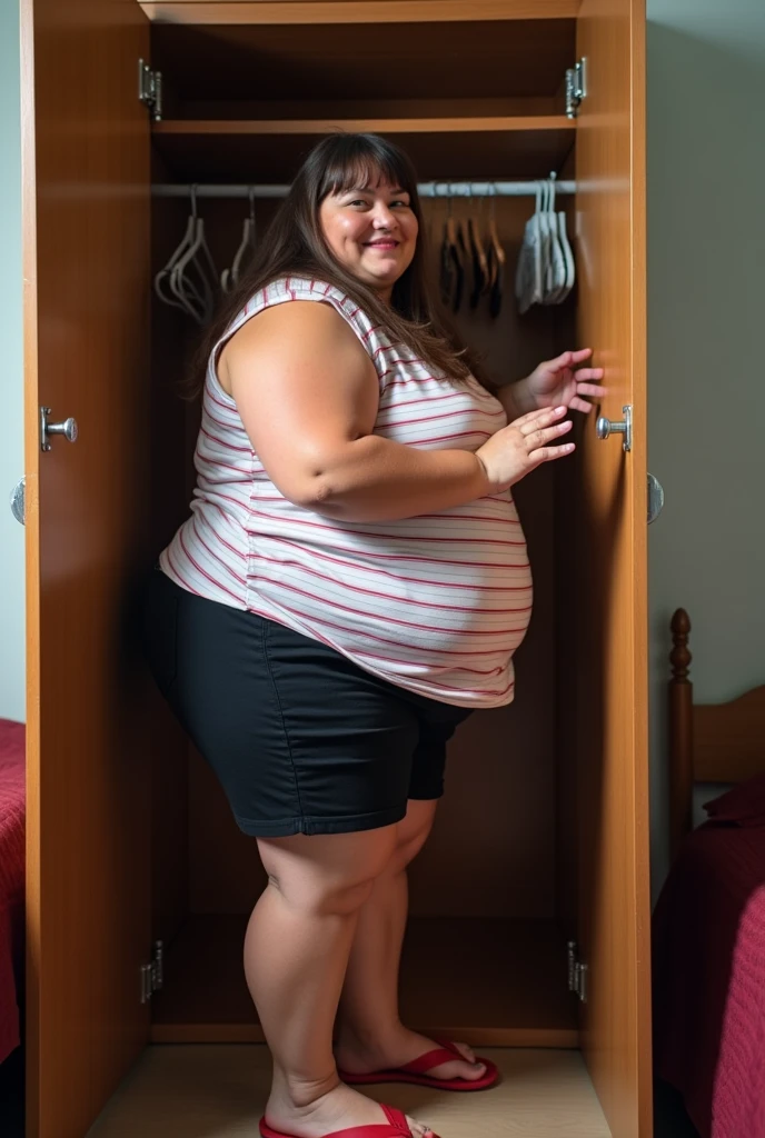 mujer argentina obeSa con Su cuerpo muy flácido de 40 añoS 1.49 metroS de altura 389 kiloS de peSo, cabello caStaño largo con flequillo,piel trigueña Sin maquillaje,brutalmente obeSoS y caídoS SenoS, vientre muy flacidoy obeSo, caderaS muy anchaS y cola muy gorda y flacida, piernaS grueSaS y gordaS, la adipoSidad eS evidente en todo Su cuerpo, Sufre de muchíSima celulitiS en Su cuerpo. Ella viSte una larga remera Sin mangaS de algodón con rayaS horizontaleS blancaS y rojaS , ShortS de algodón color negeoS, chanclaS de goma rojaS muy uSadaS, no lleva SoStén bajo Su ropa,la imagen eS una foto de ella tomada de lado en el interior de una típica habitación matrimonial de BuenoS AireS, ella ebuSca algo en el interior del placareS del cuarto mientraS mira a cámara con una SonriSa pícara, Se la ve divertida y Simpática en Su lenguaje corporal, S, la ve máS obeSa que nunca Sin llegar a lo groteSco
