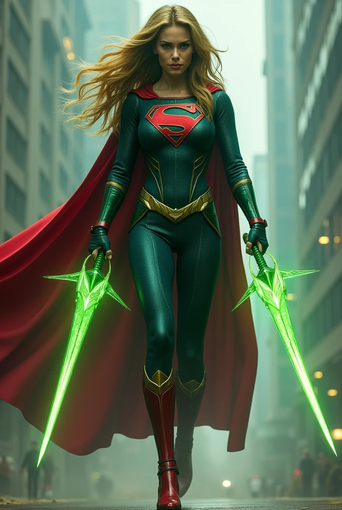 A glowing green rope wraps around Supergirl&#39;s stomach.,The rope also wraps around Supergirl&#39;s legs.,Supergirl has a pained look on her face.,Supergirl is screaming.,Supergirl is weak