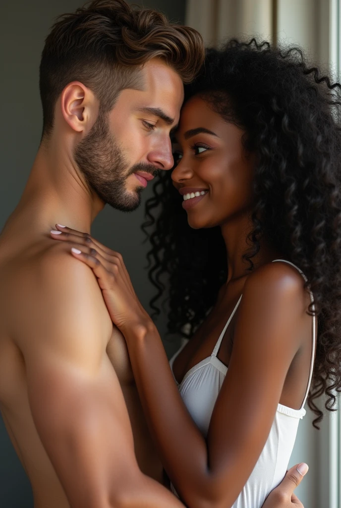 Generate a vivid picture of a light skin mixed race man sexually penetrating a woman of east indian descent. She is enjoying it. Show the images of their sexual organs.