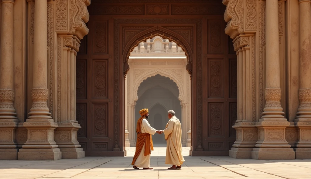 A farmer comes out of the mosque with Imam Sahib smiling