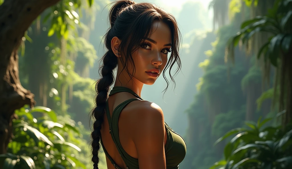 <lora:lala_gonzalez_ponyxl_v1:0.8>, lala gonzalez, solo, black hair, (dark-skinned female:0.8),
black hair, hair bow, purple bow, sidelocks, low ponytail, wavy hair, hair slicked back, cleavage, medium breasts,
black tank top, sweat,
outdoors, forest,
score_9, score_8_up, score_7_up, masterpiece, best quality, highly detailed, detailed skin, film grain, photo \(medium\), depth of field, (realistic), (high quality, detailed, beautiful), shiny, outstanding, countershading, detailed soft lighting, detailed beautiful eyes