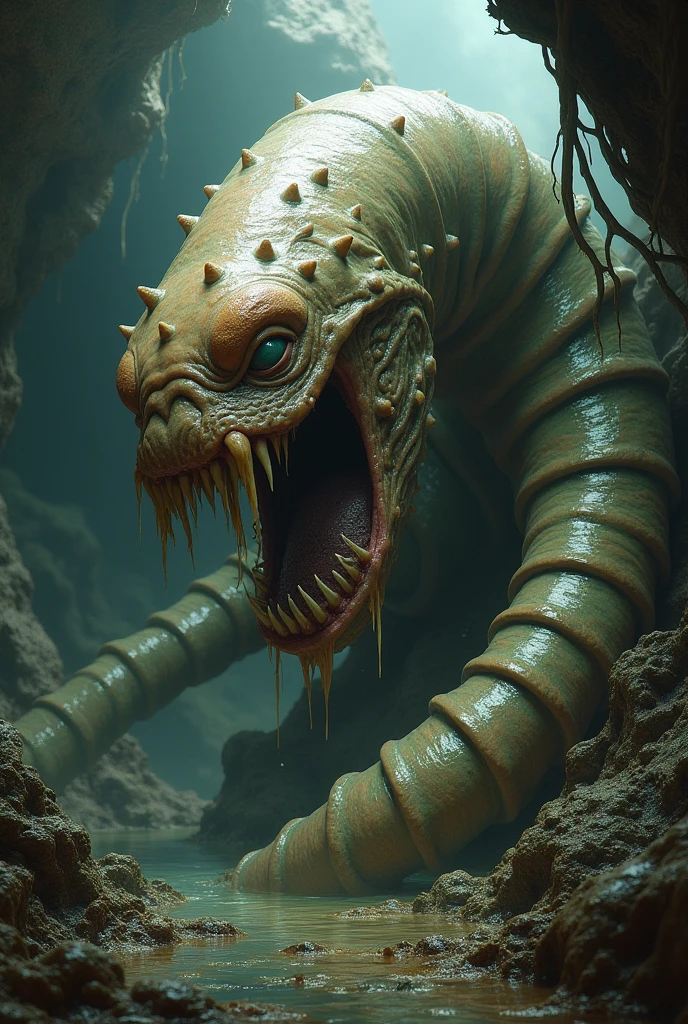The Kaelythra is a creature of colossal proportions and aberrant appearance., that defies the laws of nature and imagination. It has a long and segmented body., similar to that of a giant centipede, covered in iridescent scales that change color depending on their environment, turning from the deepest black to a dazzling white. Each segment of its body is adorned with crystalline spines., resembling quartz needles several meters long, capable of absorbing light and reflecting it in a kaleidoscope of blinding colors.
Several rows of arm-like appendages emerge from its back., ending in claws as sharp as obsidian blades. Instead of a single head, The Kaelythra has three bulbous-looking protuberances, each with a different mouth. One is full of fangs like a shark, Another has a huge hole that emits a deafening roar., and the third is made up of tentacles that secrete a poisonous and hallucinogenic mist..
his eyes, distributed along its body in rows, They are hundreds of tiny golden spheres that glow with an unnatural intelligence.. Each eye can move independently, giving him 360-degree vision and allowing him to anticipate his enemies' movements.
His legs, in indefinite number, They resemble bone pillars that are driven into the earth and rock., capable of passing through any material, which allows it to move both on land and in the air, due to a levitatory energy generated by etheric crystals embedded in his body.