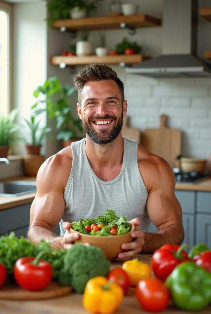 Photo with healthy food and a strong man