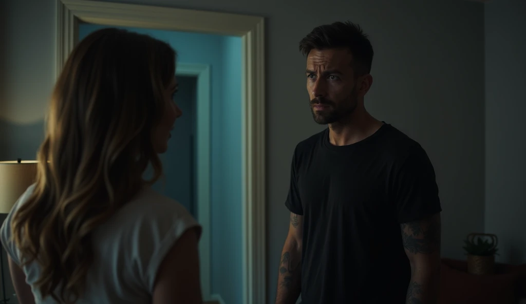 A thin blond man in a white t-shirt and loose shorts sits at the counter with his arms around his neck and his legs behind his waist. A tall man in a black t-shirt and black shorts is standing and pretending to carry someone. in the kitchen, a view from above, dark tone like night, semi realistic image.